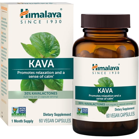 Himalaya Kava, Herbal Supplement for Relaxation and Calm, 30% Kavalactones, Vegan, Gluten Free, 400 mg Kava Root Extract, 60 Capsules