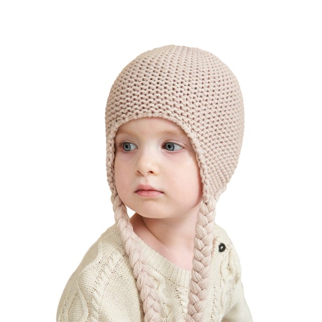 Gorro de bola de piel de punto para bebé, orejeras con trenzas ajustables y gorro cálido de lana para niños (caqui) Sincero Electrónica