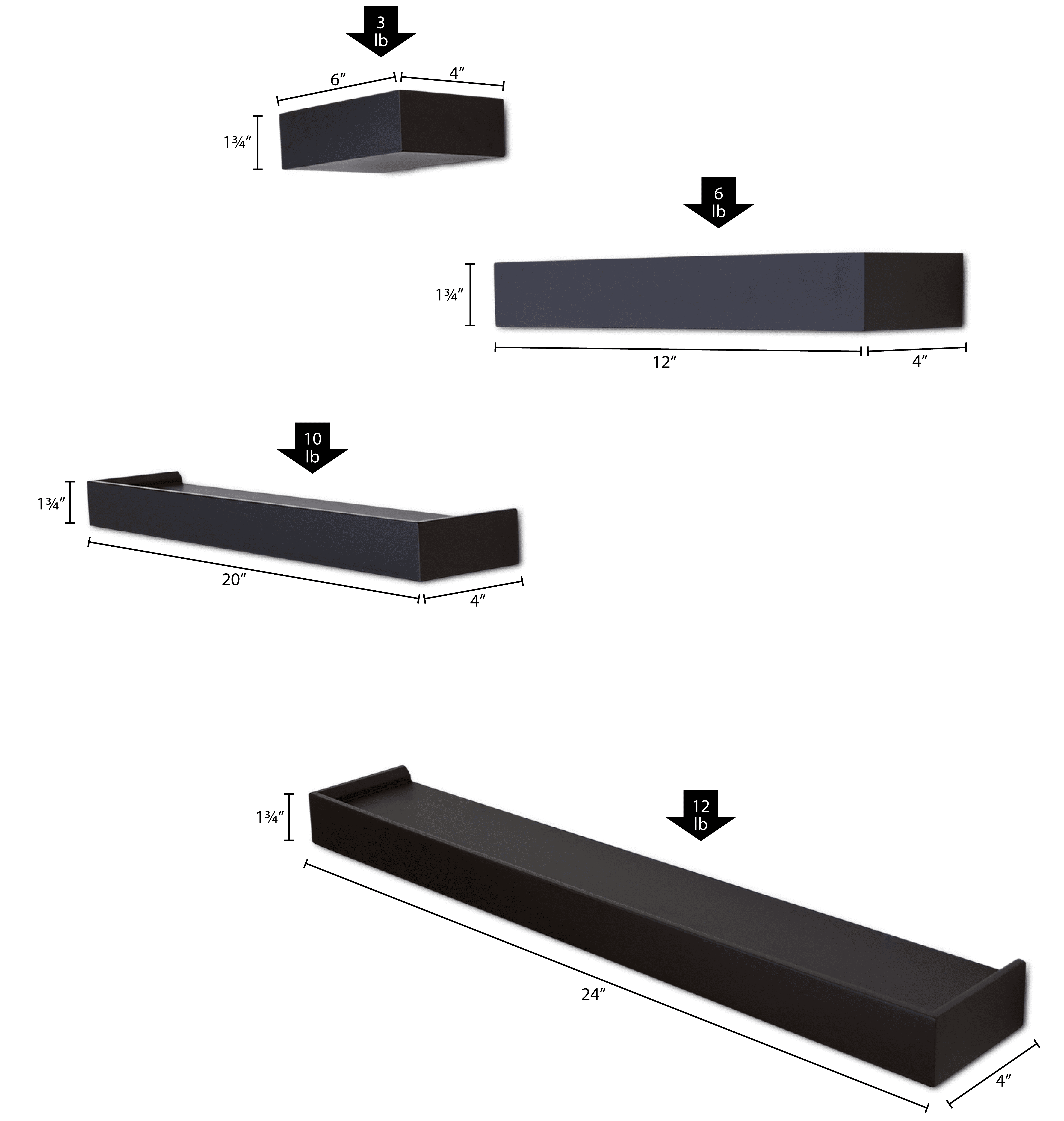 Ballucci Modern Floating Shelves, Set of 4 Wood Wall Mount Shelves, Black