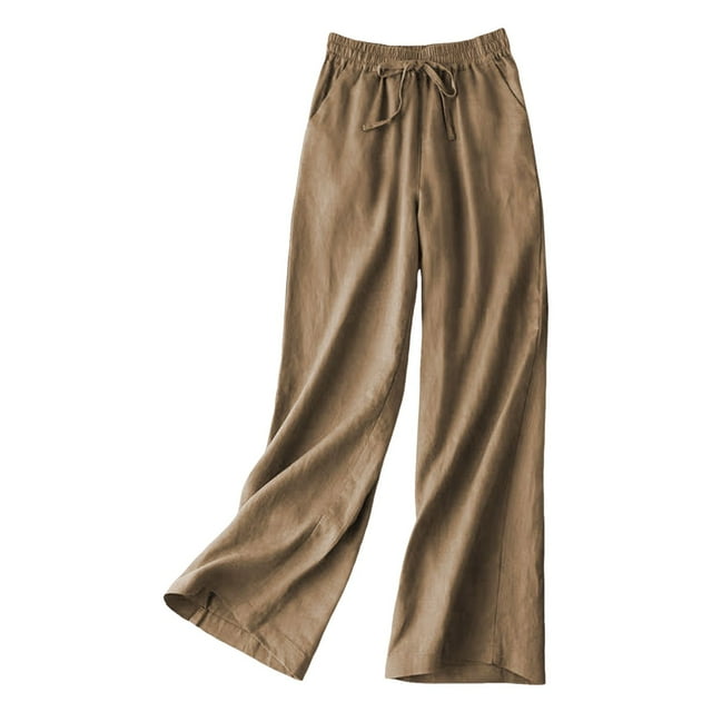 Pantalones anchos de algodón y lino para mujer: cintura alta elástica, corte holgado y ajustado, pantalones rectos informales para primavera/otoño