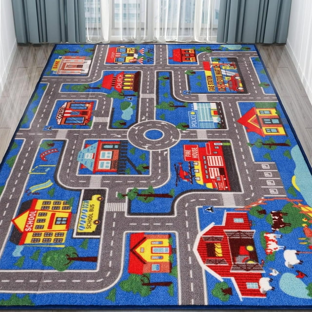 Kids Carpet Car Play Rug or Playroom, Play Rugs Town City Road Map Rug, Extra Large Boys Kids Car Track Carpet for Playroom, Bedroom, Living Room ,Blue 200X150 CM
