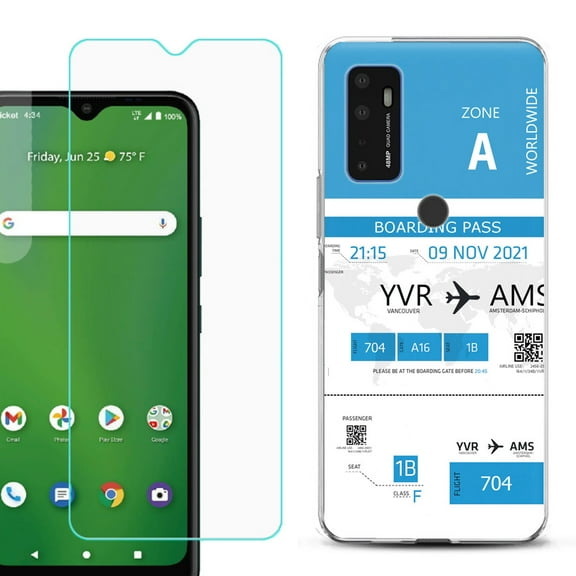 Slim-Fit Gel TPU Phone Case for Cricket Dream 5G, with Tempered Glass Screen Protector, by OneToughShield ® - Boarding Pass