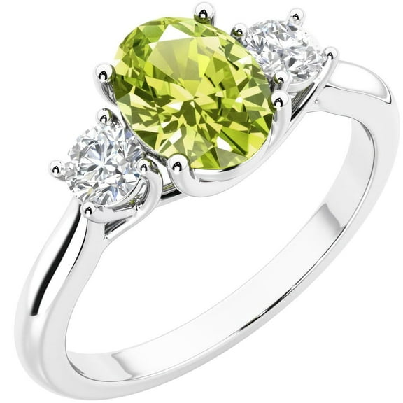 PEORA 14K White Gold Oval Peridot and Lab Grown Diamond 3 Stone Trellis Ring, 1.60 Carats total, Size 8