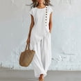 thumbnail image 2 of Linen Sets for Women 2 Piece Petite Asymmetrical Slit Button Cap Sleeve Tops and Wide Leg Pants Set Matching Outfit White M, 2 of 3