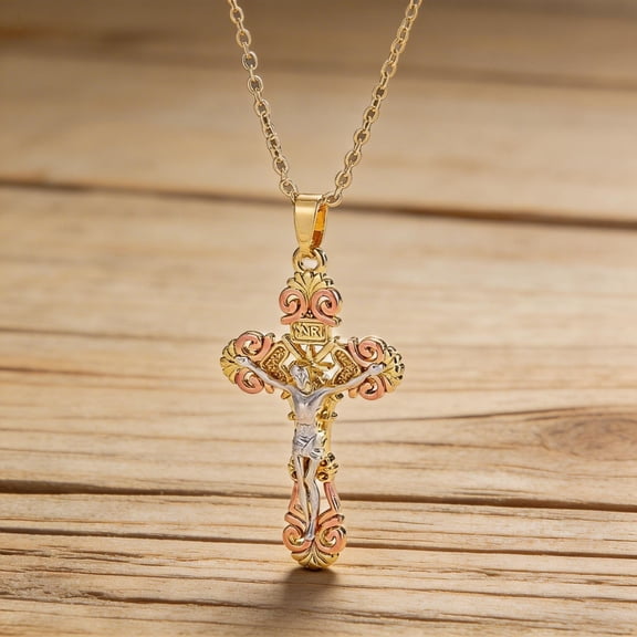 Gold Cross 14K White Gold Pendant Necklace with CZ Gems, Adjustable Chain, Dainty Jewelry Gift for Women's Special Occasions