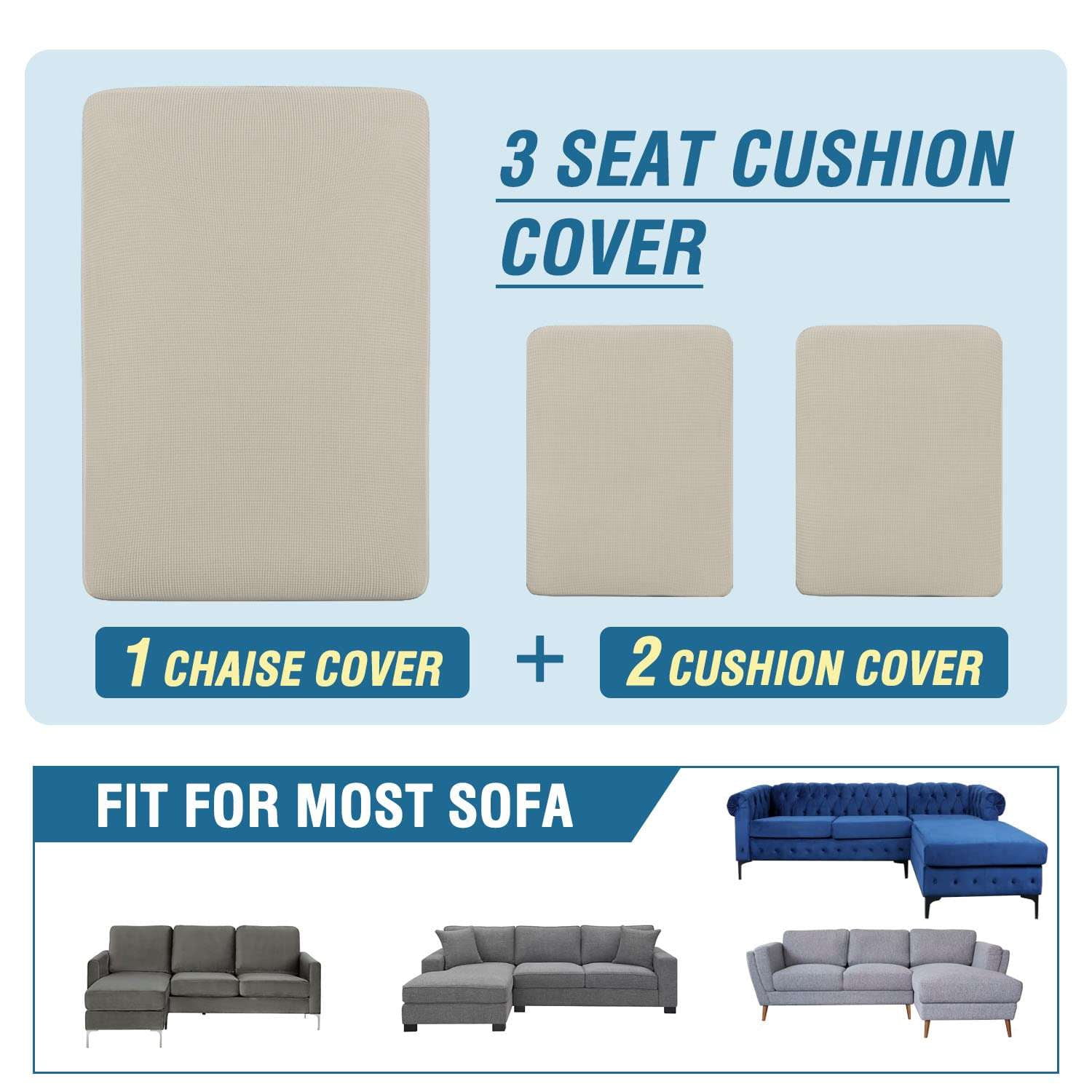 Turquoize 3-Piece Separate Slipcovers Textured Grid Stretch Non-Slip L Shape Sofa Seat Covers for Both Left/Right Sectional Couch (Seat Only: 1 Chaise + 2 Sofa,Island Fossi）