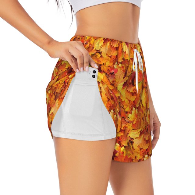 Balery Autumn Maple Leaf Pile Pantalones cortos deportivos para mujer con forro y dos bolsillos, elásticos, para entrenamiento, gimnasio, yoga-Large