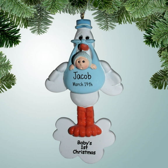 Stork Carrying Boy - Personalized Ornament - Baby's First Christmas - 1st Xmas - Perfect Stocking Stuffer - Great Gift Ideas
