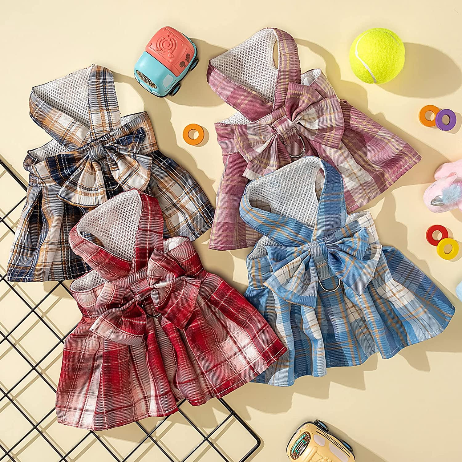 BURIBURI Dog Cat Harness with Leash Set, Doggy Dress Plaid Puppy Girl Skirt with Lead Rope, Cute No Pull Comfort Dog Harness Breathable Lightweight Vest Jacket for Rabbits Outdoor Training Walking