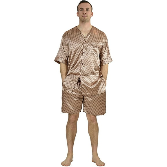 Up2date Fashion's Men's Pajama Set / Pajamas / Pyjamas / PJs, Satin, Tie Print, Short-Sleeve V-Neck with Shorts