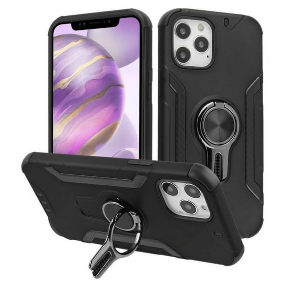 Apple iPhone 12 PRO MAX /6.7" Ring Stand Hybrid Rugged Heavy Duty Armor 2 layers with Car Air Vent Grip Rotation Ring Holder fit Magnetic Car Mount [Black] Phone Cover Fit iPhone 12 Pro Max