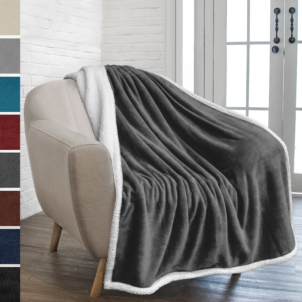 PAVILIA Plush Sherpa Blanket Throw Soft, Warm, Fuzzy Dark Grey