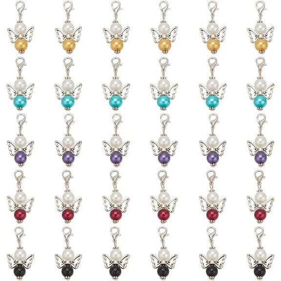 60Pcs 38mm Angel Wing Charms 5 Colors Alloy Guardian Angel Charms Glass Pearl Bead Pendants with Lobster Claw Clasps for Necklace Bracelet Earring Keychain Jewelry Making Mixed Color