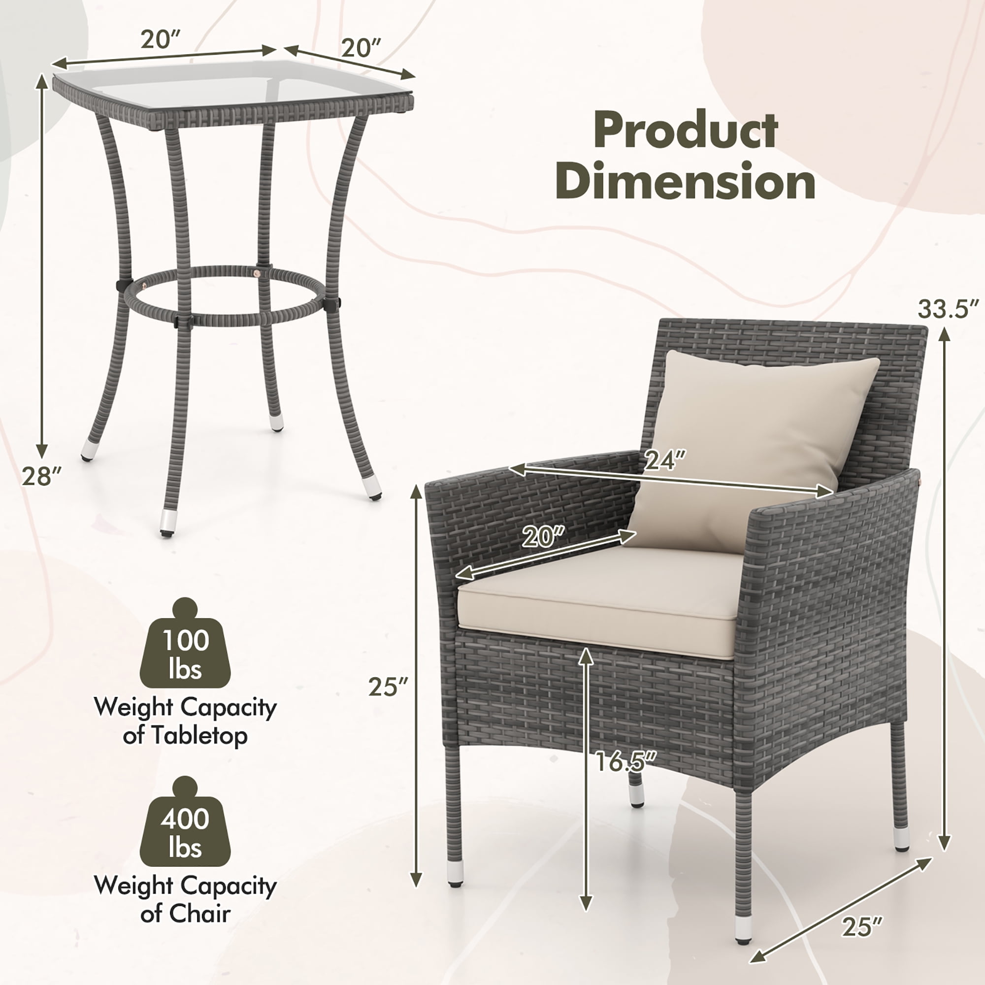 Gymax 3-Piece Patio Furniture Set PE Wicker Conversation Bistro Set w/ A Tempered Glass Table
