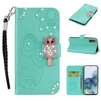 Wallet Case for Samsung Galaxy S23 Plus, Embossed Owl Bling Diamond Premium PU Leather [Folio Flip][Kickstand][Card Slots][Wrist Strap][Kickstand]Phone Cover for Samsung Galaxy S23 Plus, Green