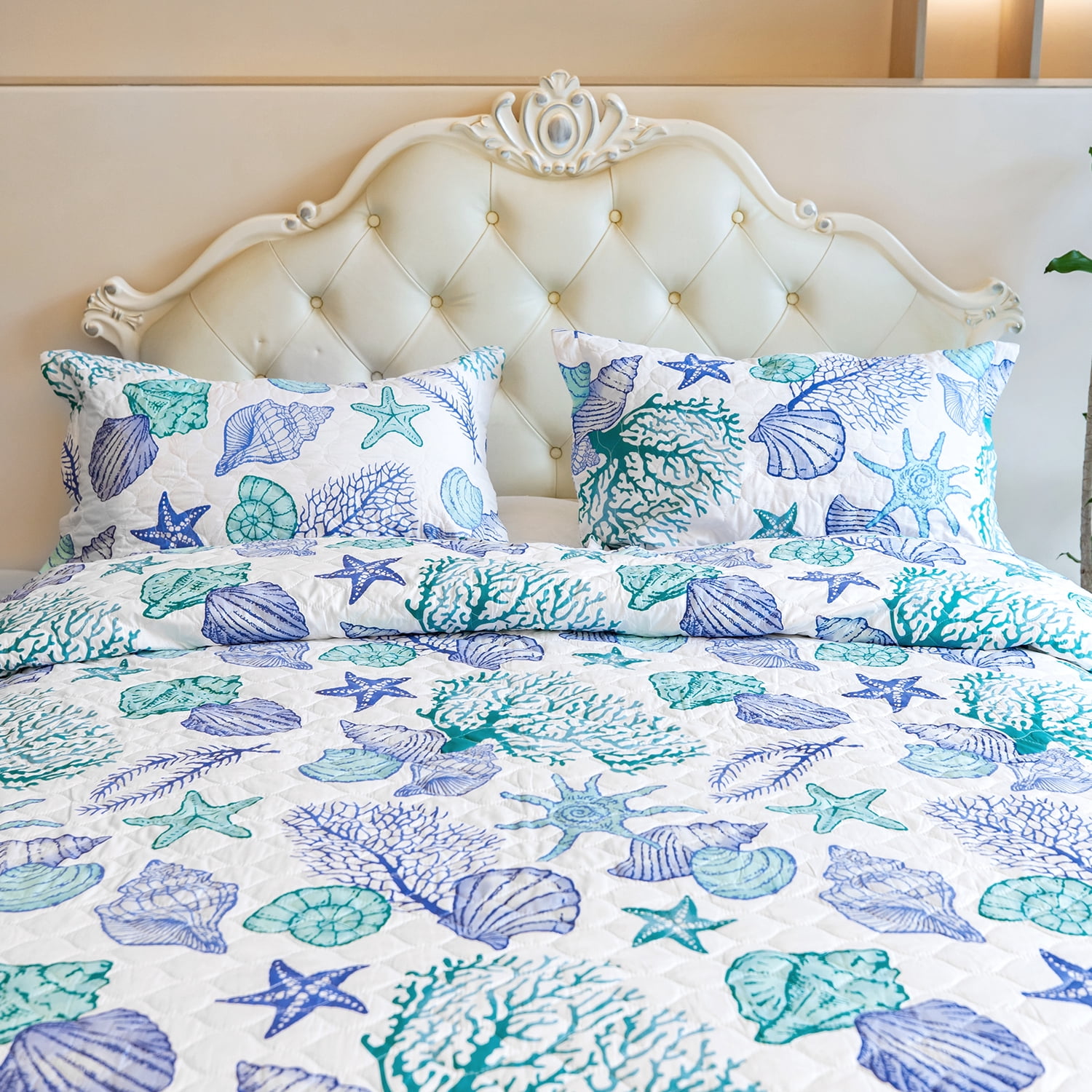 Kebury Ocean Beach Quilts Bedding Set Twin Size Lightweight Patchwork Coastal Quilted Bedding Blue Ocean Printed Coverlets Conch Seashell Starfish Seaweed Bedspreads (1 Quilt, 2 Pillow Shams)