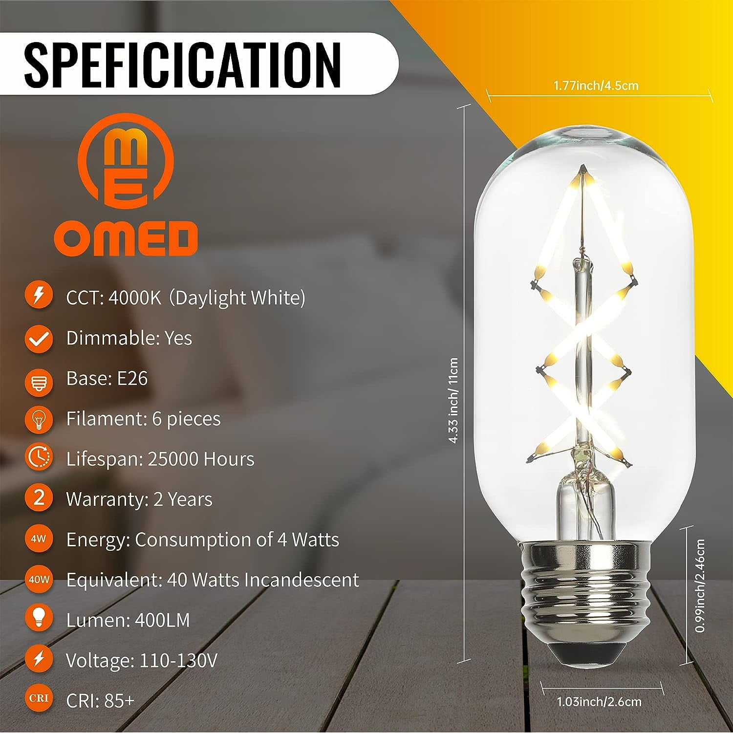 OMED Fishbone LED Filament Vintage Edison Light Bulbs, T45/T14 E26 4W Antique Tubular Edison Bulbs 40 Watt Equal, 400LM 4000K Daylight White Spiral Retro Tube Edison Bulbs, Clear Glass, 6 Pack