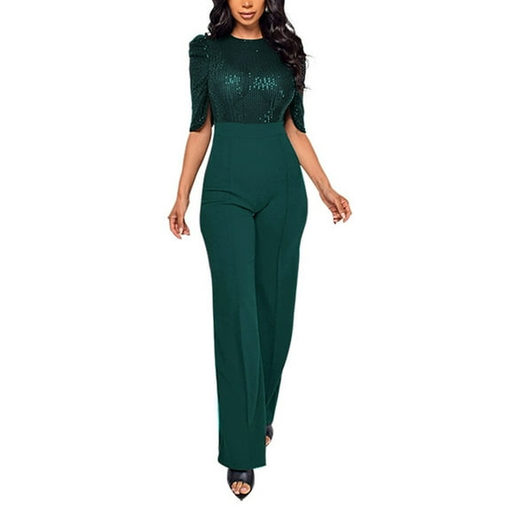 Wdgfv Sequin Jumpsuits for Women Dressy Summer Casual Short Sleeve Cocktail Club party Wide Leg Romper with Pockets Green S