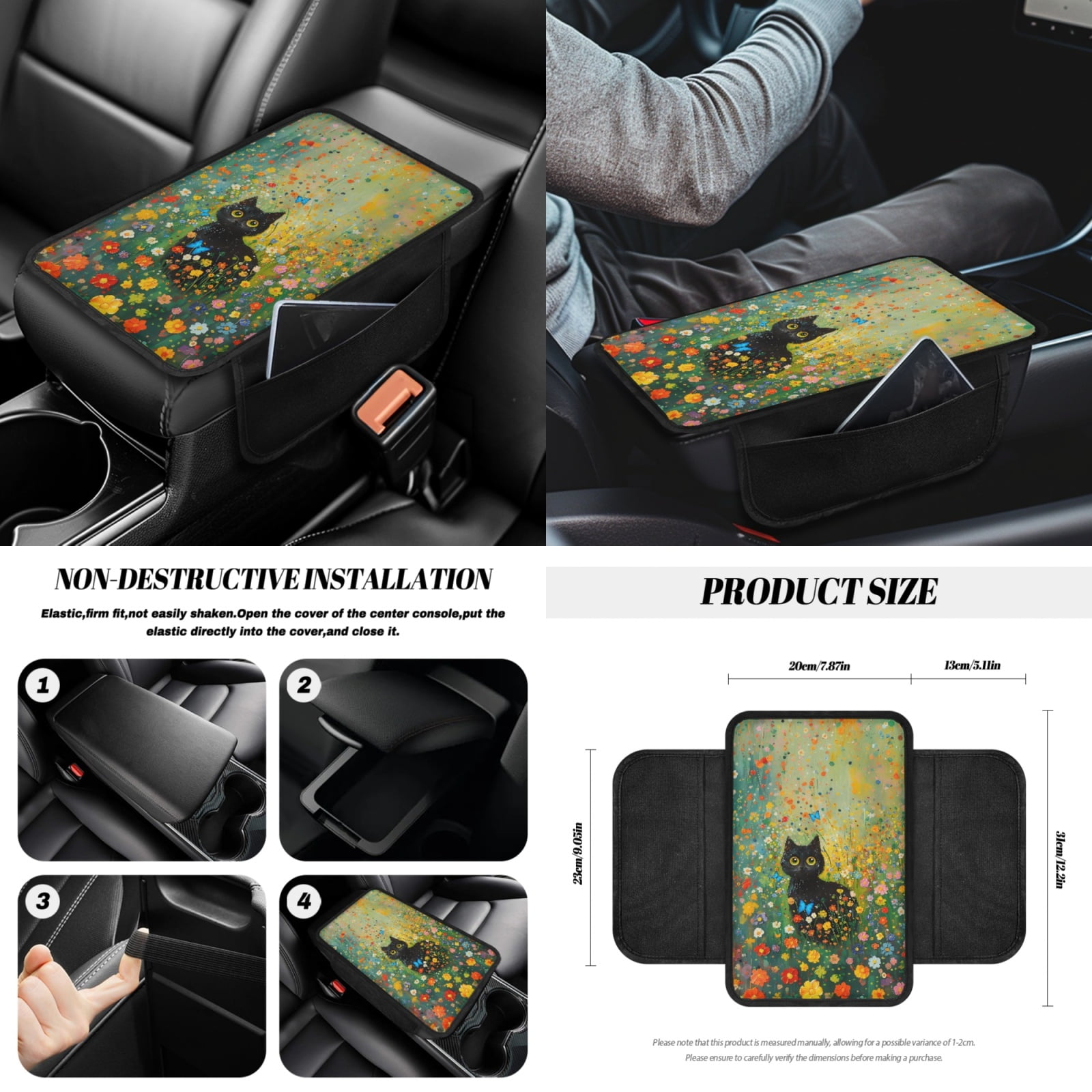 Jeiento Black Cat Car Seat Cover Set with Steering Wheel Cover Seat Belt Covers Waste Bin Center Console Pad Rear View Mirror Cover Floral Handbrake Cover Set Coasters Auto Accessories Set of 14