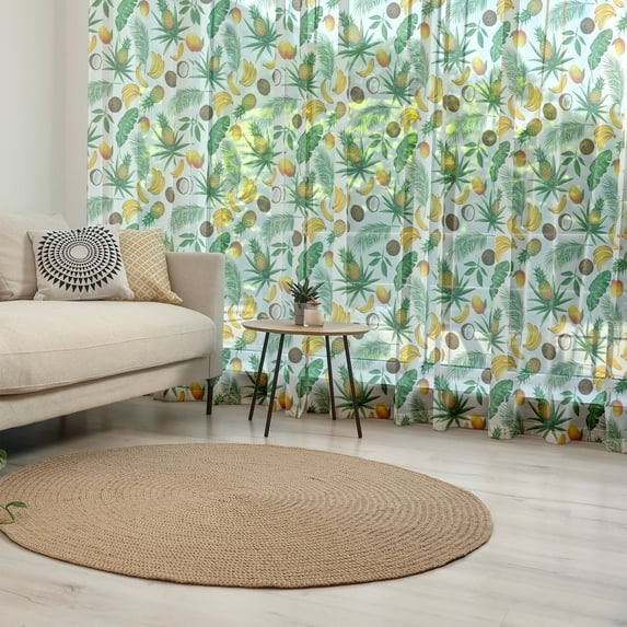 Banana Leaf Tulle Curtains with Rod Pocket, Exotic Nature of Caribbean Islands Pattern with Fresh Coconut Pineapple Fruits, Sheer Drape for Wedding Party 2 Panels, 7 Sizes, Multicolor, by Ambesonne