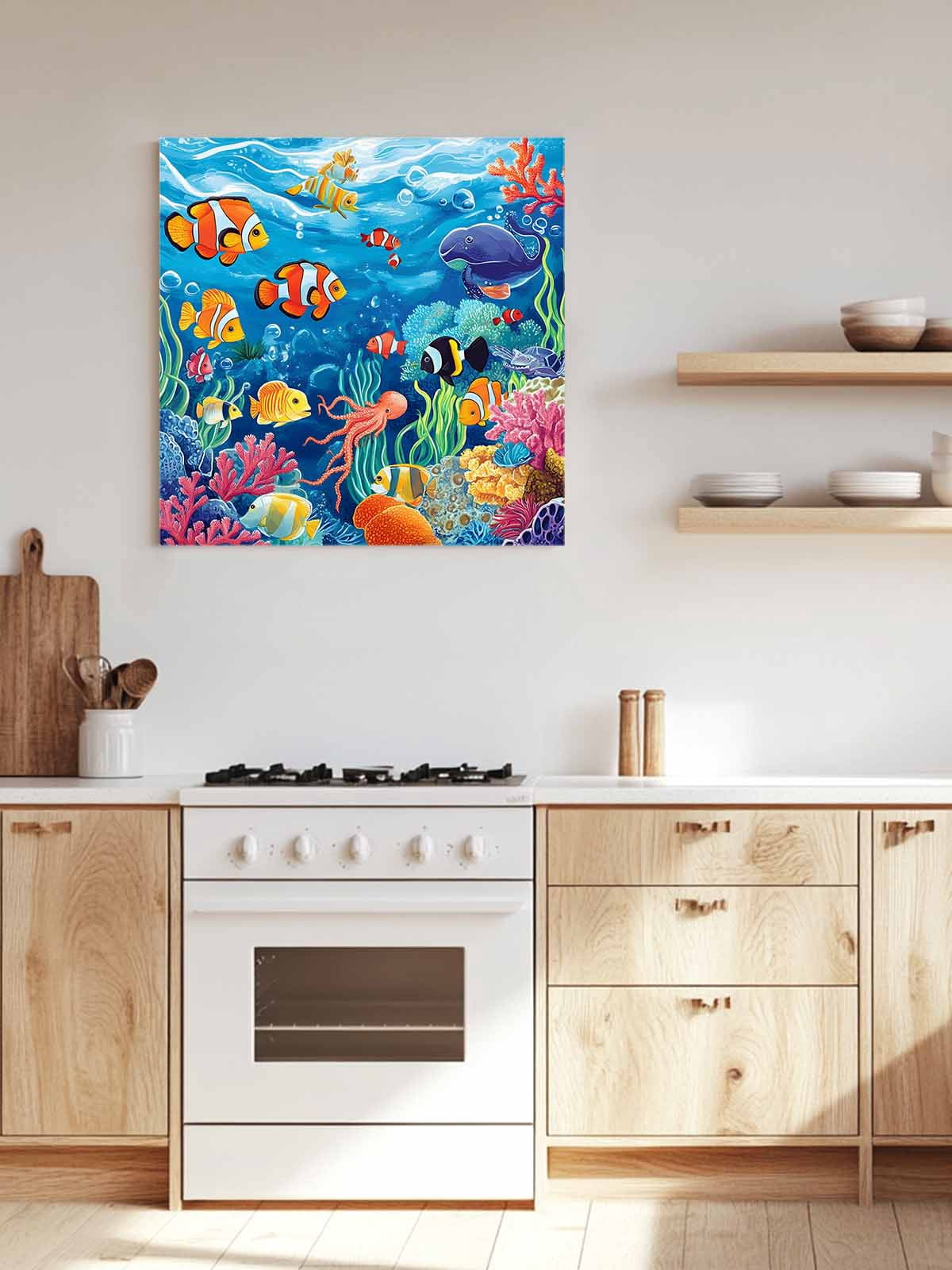 Ocean Underwater Canvas Wall Art, Marine Life Fish Octopus Coral Seagrass Framed Wall Decor Modern Artwork Prints Painting for Living Room, Bedroom, Kitchen & Cafe Decor 16x16 Inch