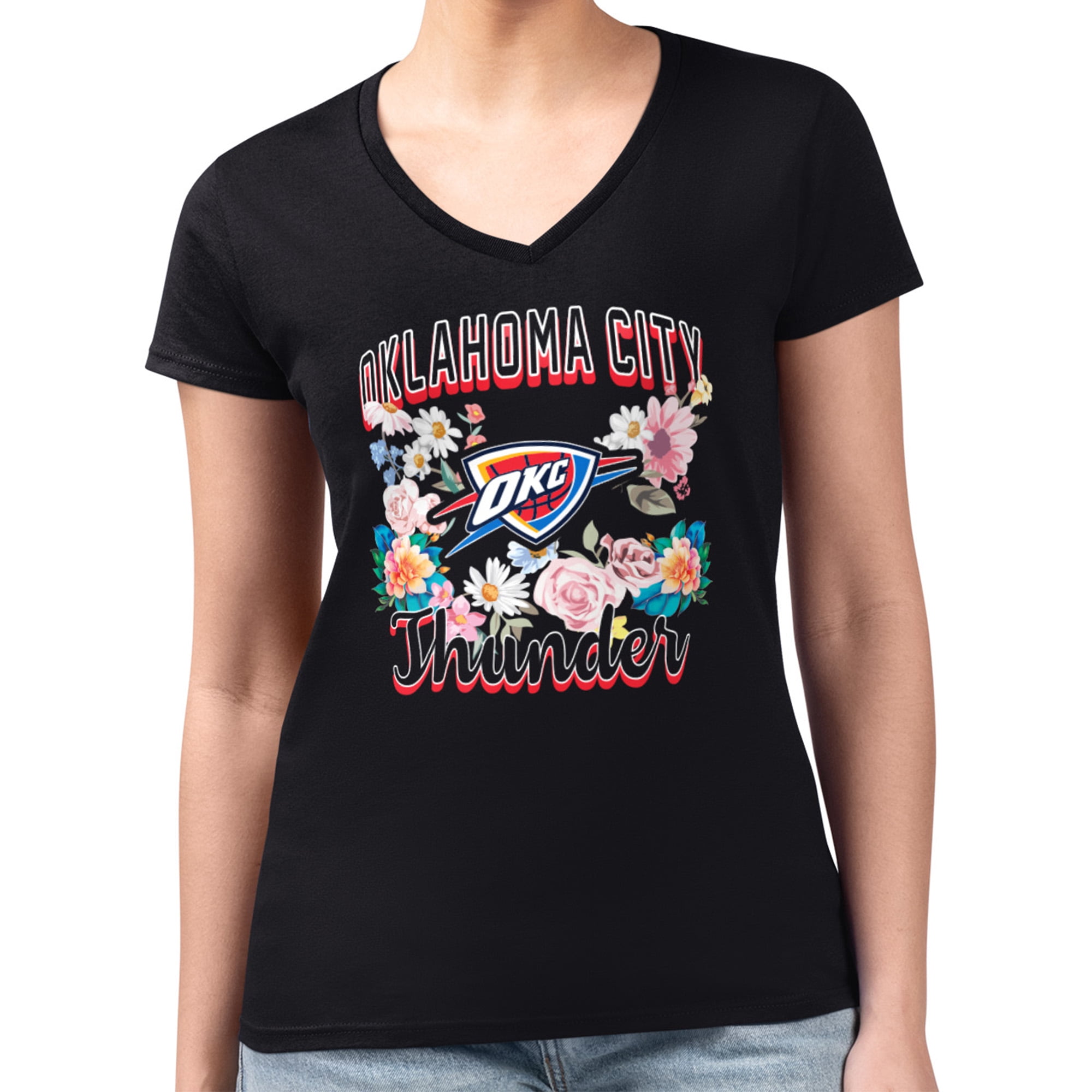 Women's G-III 4Her by Carl Banks Black Oklahoma City Thunder Super-Slim Fit Lightweight Flowers Team Logo Graphic V-Neck