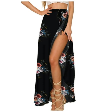 2024 New Skirts For Women Summer Side Skirts Bohemian Lace Up Floral High Low Skirt Print Flowy Long Skirt Girls Skirts Female Loose Split Boho plus Size Leather Skirt Mini Skirt Lingerie