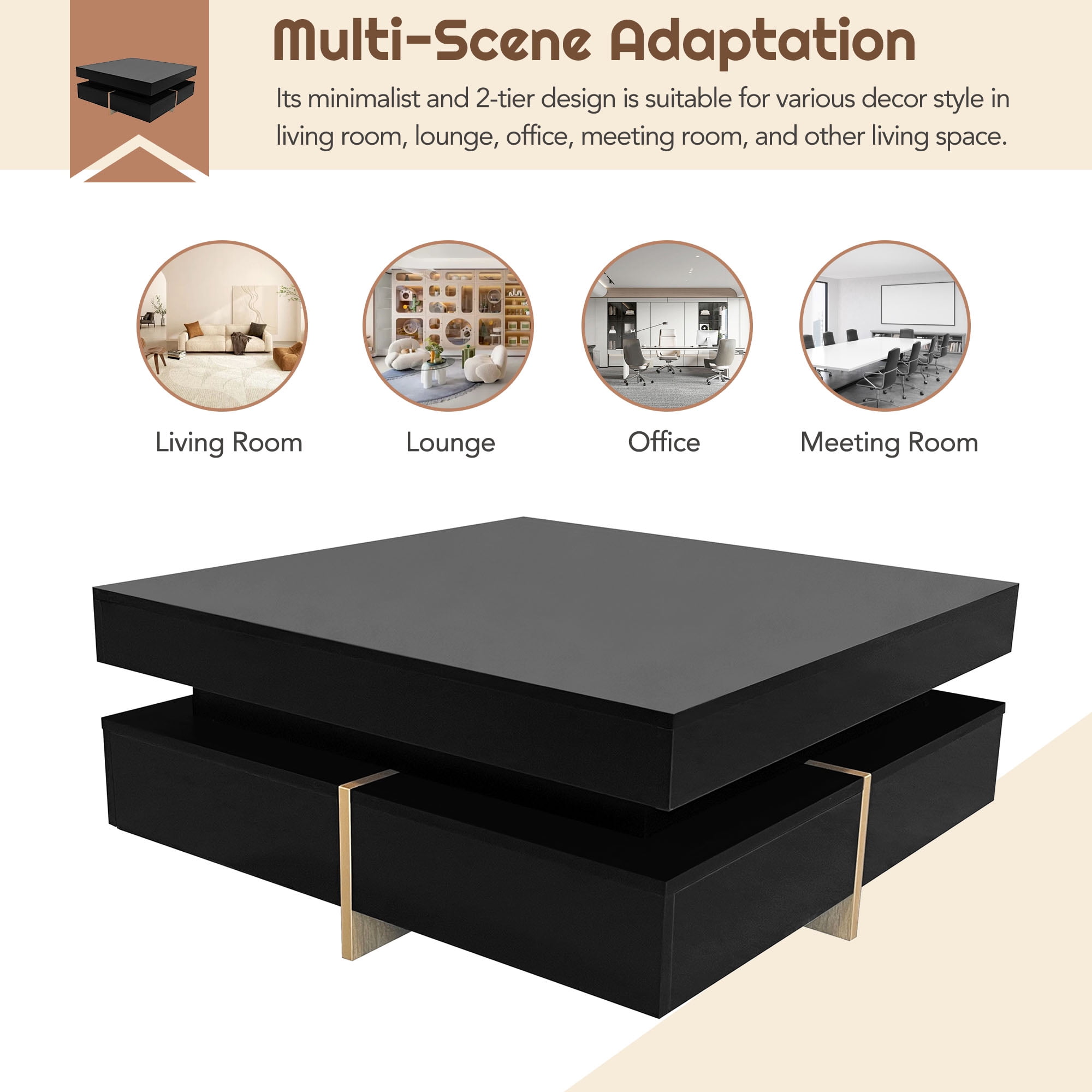MAYEERTY Modern High Gloss Coffee Table with 4 Drawers, Multi-Storage Square Cocktail Tea Table with Wood Grain Legs, Center Table for Living Room, 31.5''x31.5'', Black