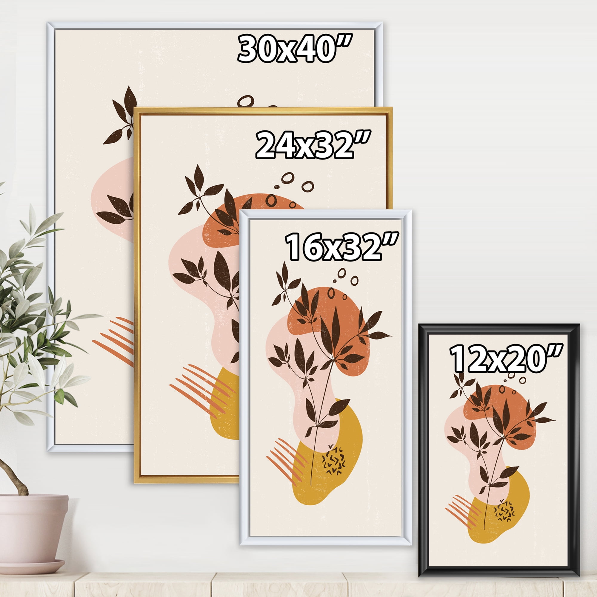 Designart 'Minimalist Shapes With Ancient Plant II' Modern Framed Canvas Wall Art Print