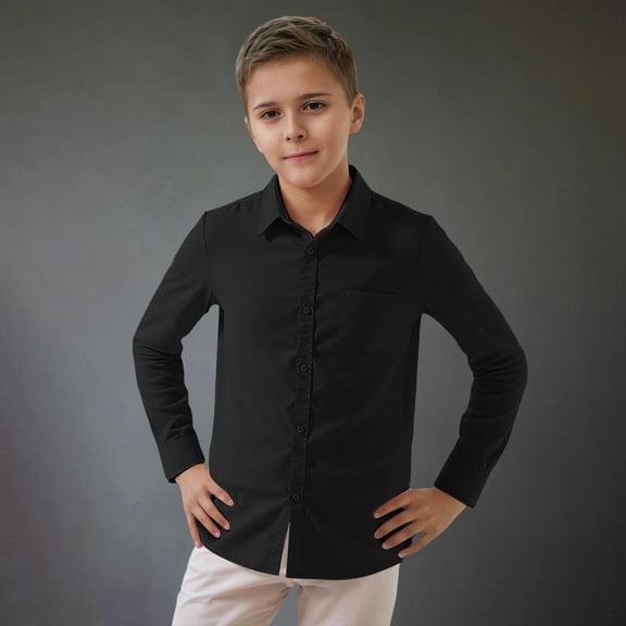 CUZIBR Boys Shirts Solid Long Sleeve Button Down Blouse Turn-Down Collar T-Shirt Toddler Kids Gentleman Lapel Tops,Black,3-4 Years