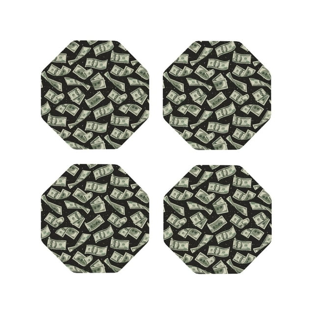 Vsdgher Dollar Print Leather Coasters for Drinks, Durable Drink Coasters 4 Set for Tabletop Protection, Luxurious Home Décor and Housewarming Gift-Octagon