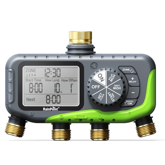 RainPoint Brass 4-Way Inlet and Outlet Garden Hose Timer, Programmable Digital Sprinkler Timer, Automatic Watering with Manual/Automatic/Rain Delay Controller System