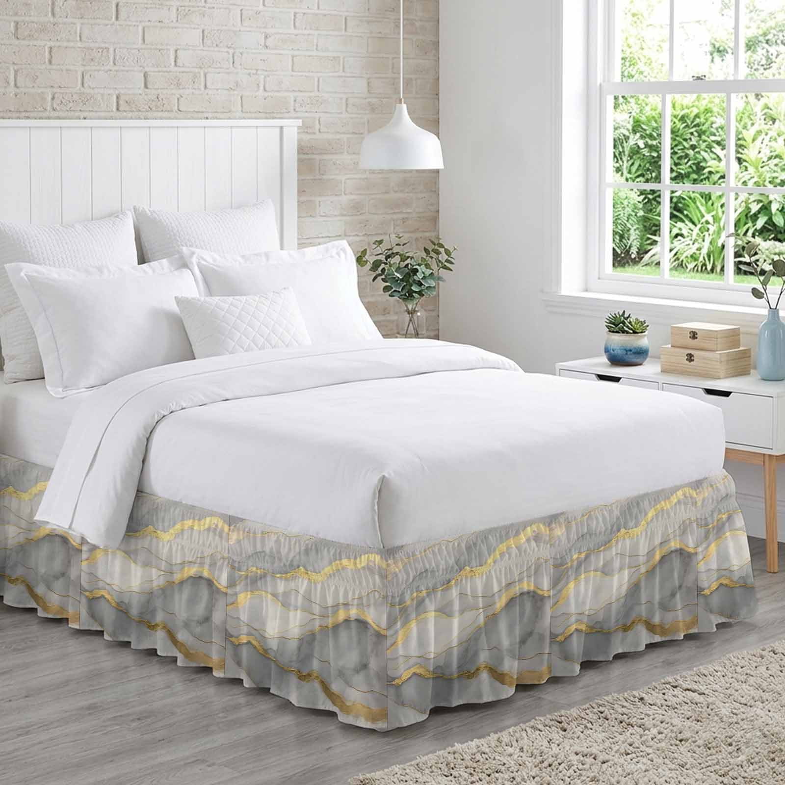 Marble Grey Bed Skirt Queen Size, Modern Gold Luxury Neutral Texture Wrap Around Bed Skirting with Adjustable Elastic Strap, Dust Ruffle Pleated Bedskirts 16 Inch Drop for Bedroom Queen Beds
