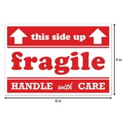 Fragile This Side UP Stickers with Arrows (6 x 4 inch, 300 Stickers per Roll, Red) for Shipping & Mailing