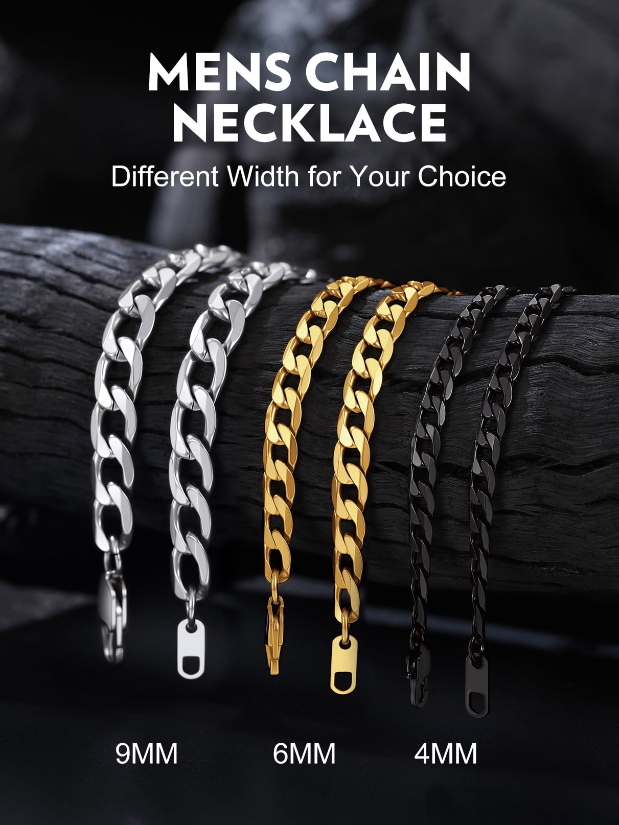 Bandmax 6MM Black Cuban Link Chain Necklace for Men Women Stainless Steel Flat Curb Chain 20 Inches Rapper Mens Jewelry Birthday Father Day Gift for Dad Son Husband Grandpa