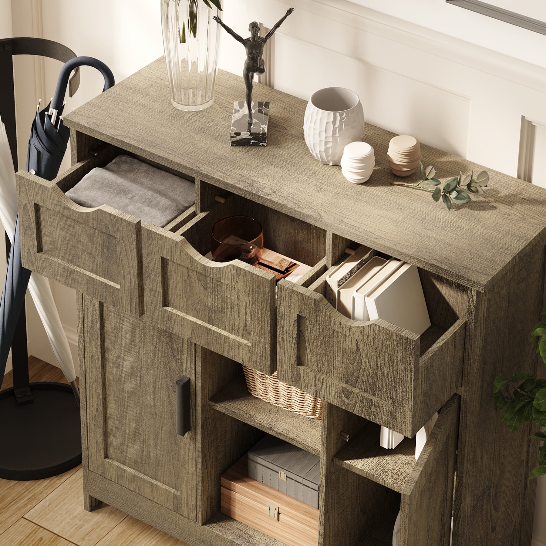 Homy Casa Storage Cabinet with 2 Doors and 3 Drawers, Adjustable Shelves, Sideboard for Kitchen, Entryway