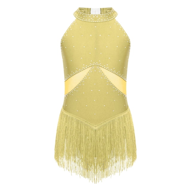 Yeahdor Robe de Danse Latine Sans Manches à Paillettes pour Filles, Robe Justaucorps de Jazz, Rumba Samba Salsa Cha Cha, Tenue de Danse de Salon Jaune 8