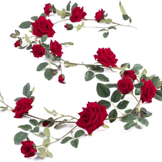 Paquete de 2 coronas artificiales de vid de rosa, planta de hiedra rosa, 5.9 pies, adecuada for decoración de boda, hogar, fiesta, jardín, un paquete (rojo)