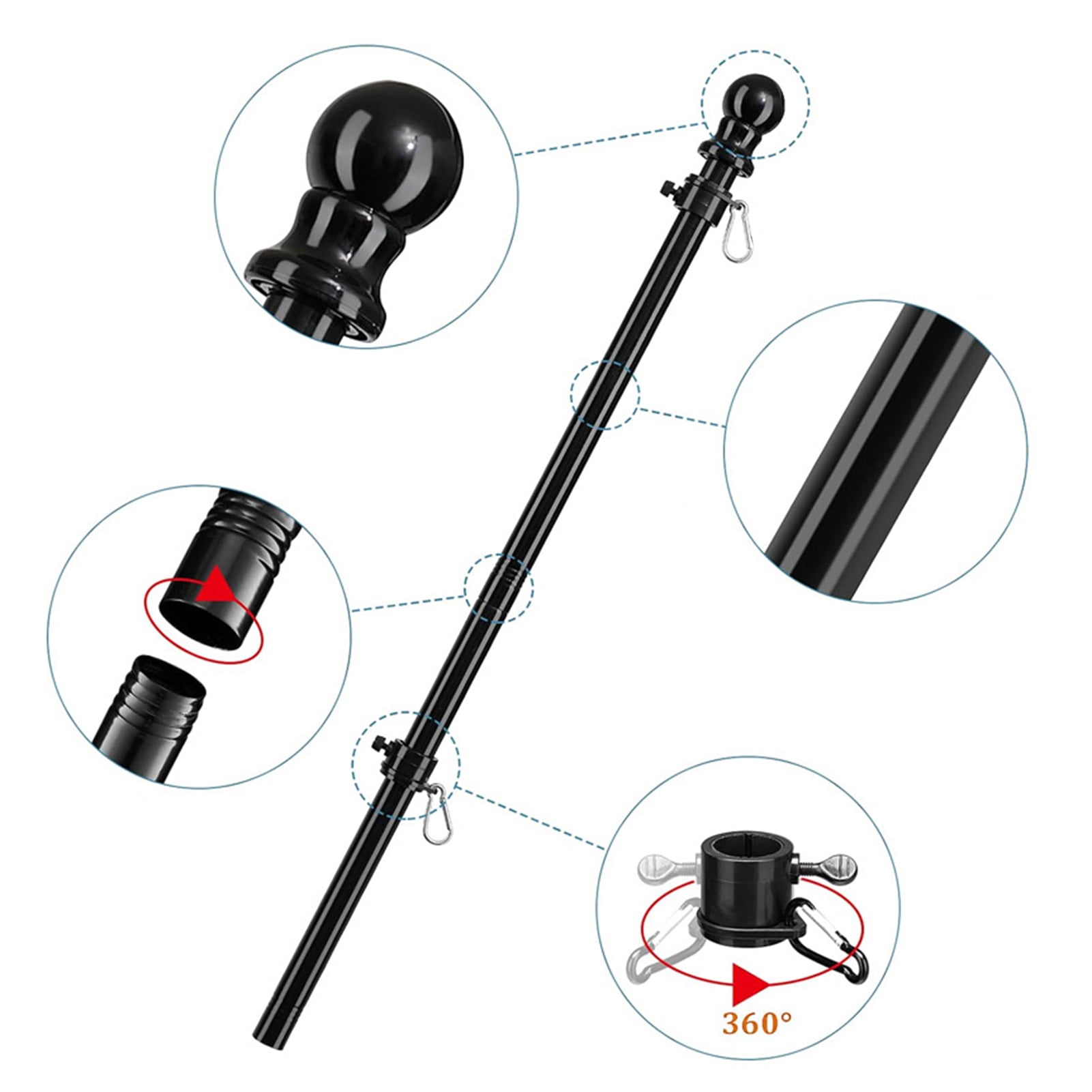 Flag Pole Kit Thickened Stainless Steel Outside Porch Wall Flagpole Entangle Free Rotating Flag Pole Rings Adjustable Multi-Positions Bracket Holder