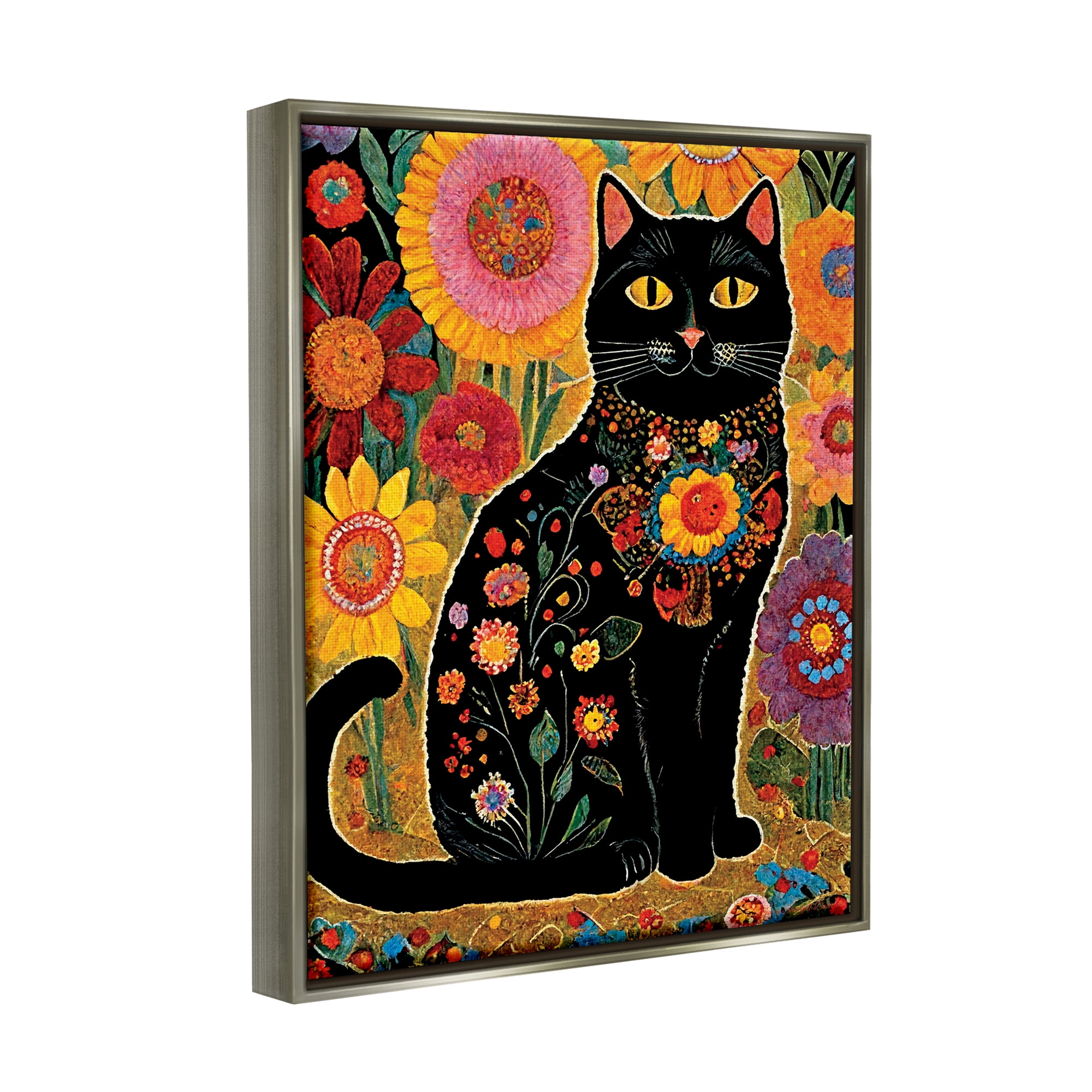 Stupell Industries Cat with Patterned Florals Animals & Insects Painting Gray Floater Framed Canvas Art Print Wall Art, 17 x 21