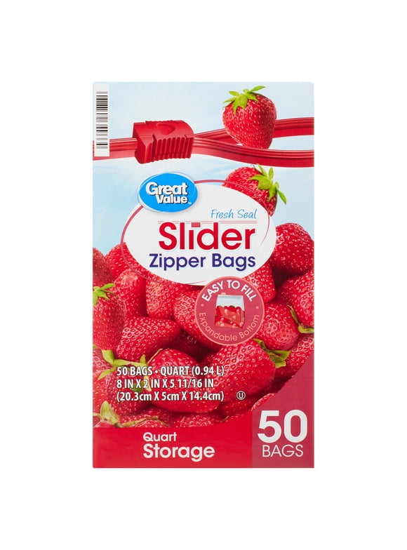 Great Value Fresh Seal Slider Zipper Bags, Quart Storage, 50 Count