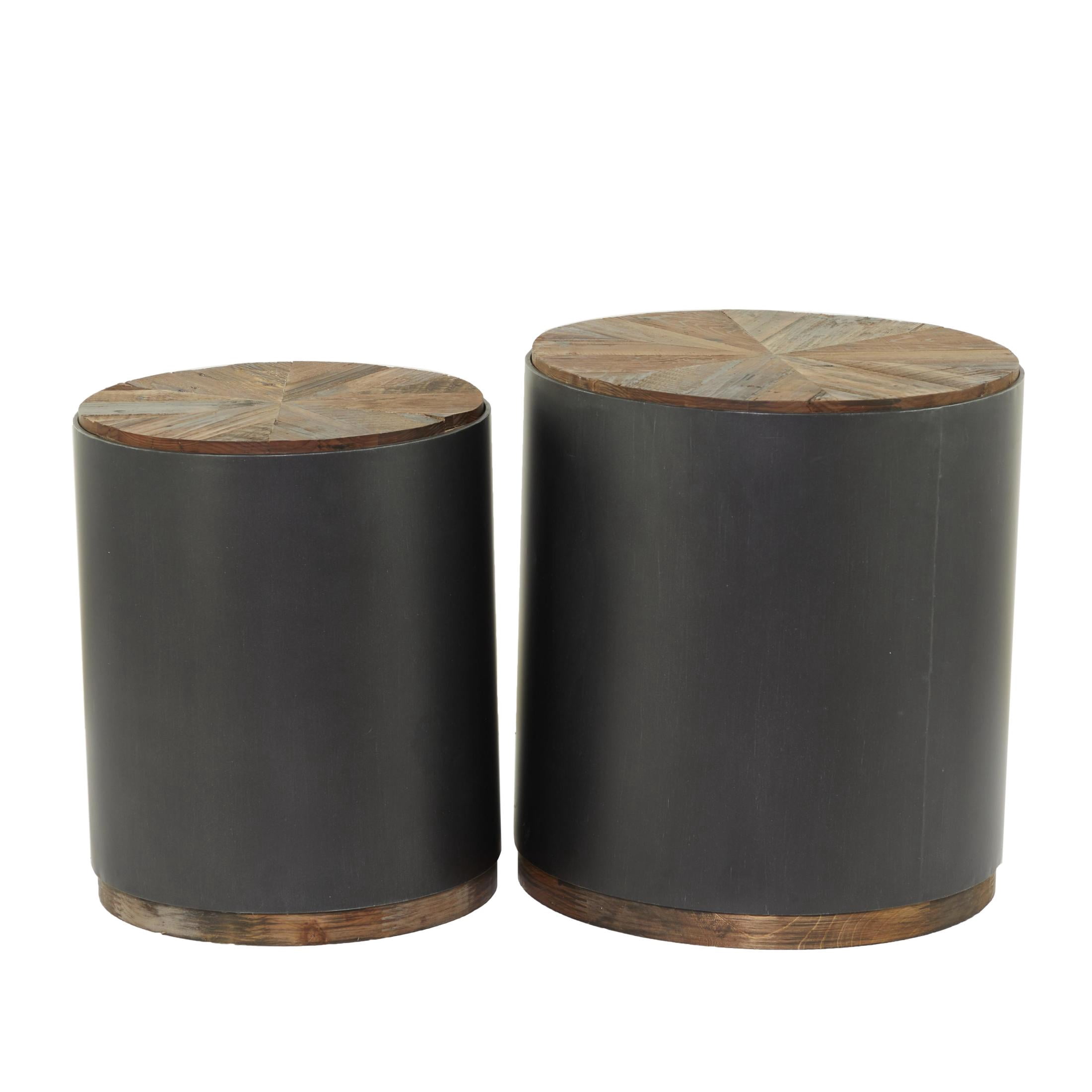 DecMode 19" x 21" Black Metal Drum Accent Table with Brown Wood Top, 2-Pieces
