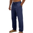 thumbnail image 3 of Migroa Men's Linen Pants Lightweight Drawstring Elastic Waist Pockets Loose Fit Straight Legs Summer Beach Vacation Yoga Trousers Navy L, 3 of 8