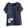 thumbnail image 4 of Womens Tops Clearance Under $5 Xunlbb Women Fashion Casual Linen Top Printed Short Sleeve Button T-shirt Blouse Top ,Women's Tops for Workout/Running/Hawaiian Beach Vacation Navy, 4 of 4