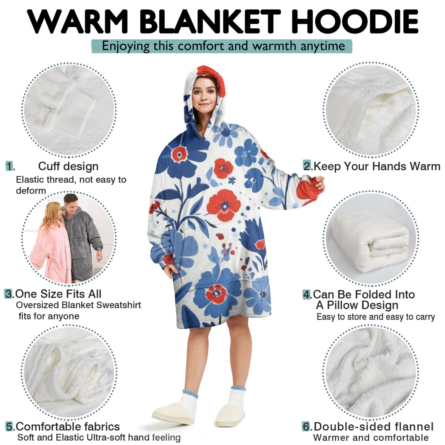 Wearable Oversized Blanket,Pioneer Flower Floral Print Pattern Wearable Blanket Hoodie for Adults,Cozy Hooded Blankets with Super Pockets,Super Warm Fuzzy Pullover for Women & Men