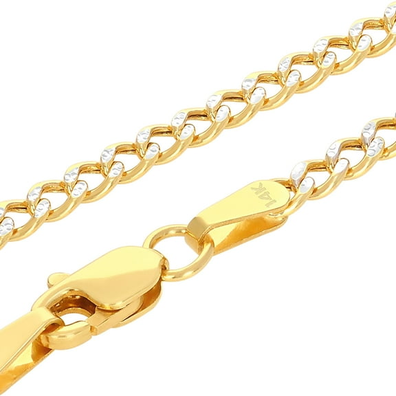 Nuragold 14k Real Yellow Gold Cuban Curb Link 2.5mm Diamond Cut Pave Chain Necklace (16"-26") Two Tone Italian Jewelry for Men & Women