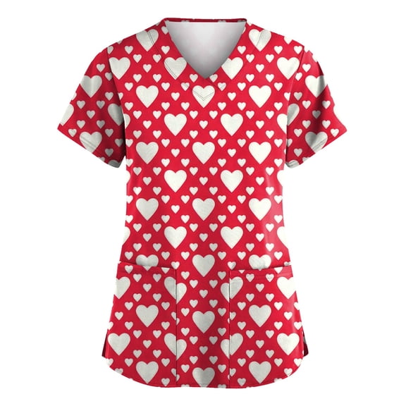 Hearthz S-5XL Valentines Scrub Tops Women Love Heart Graphic Scrub Tops V Neck Short Sleeve Nurses Working Uniforms with Pocket