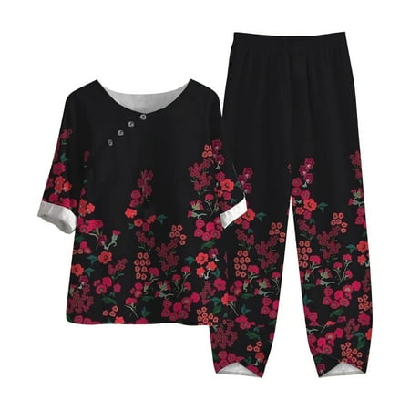 

Women Summer Outfits Linen Suits Cotton Half Sleeve Shirt Tops Wide Leg Trousers Pant Two Pieces Lounge Pajamas Sets