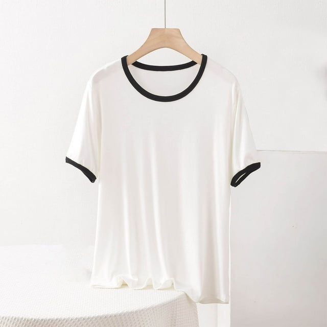 Jienlioq Hauts d'Été pour Femmes Mode Féminine Surdimensionnée Décontractée Col Rond Couleur Unie Manches Courtes Blouse Col Rond Blanc TTG
