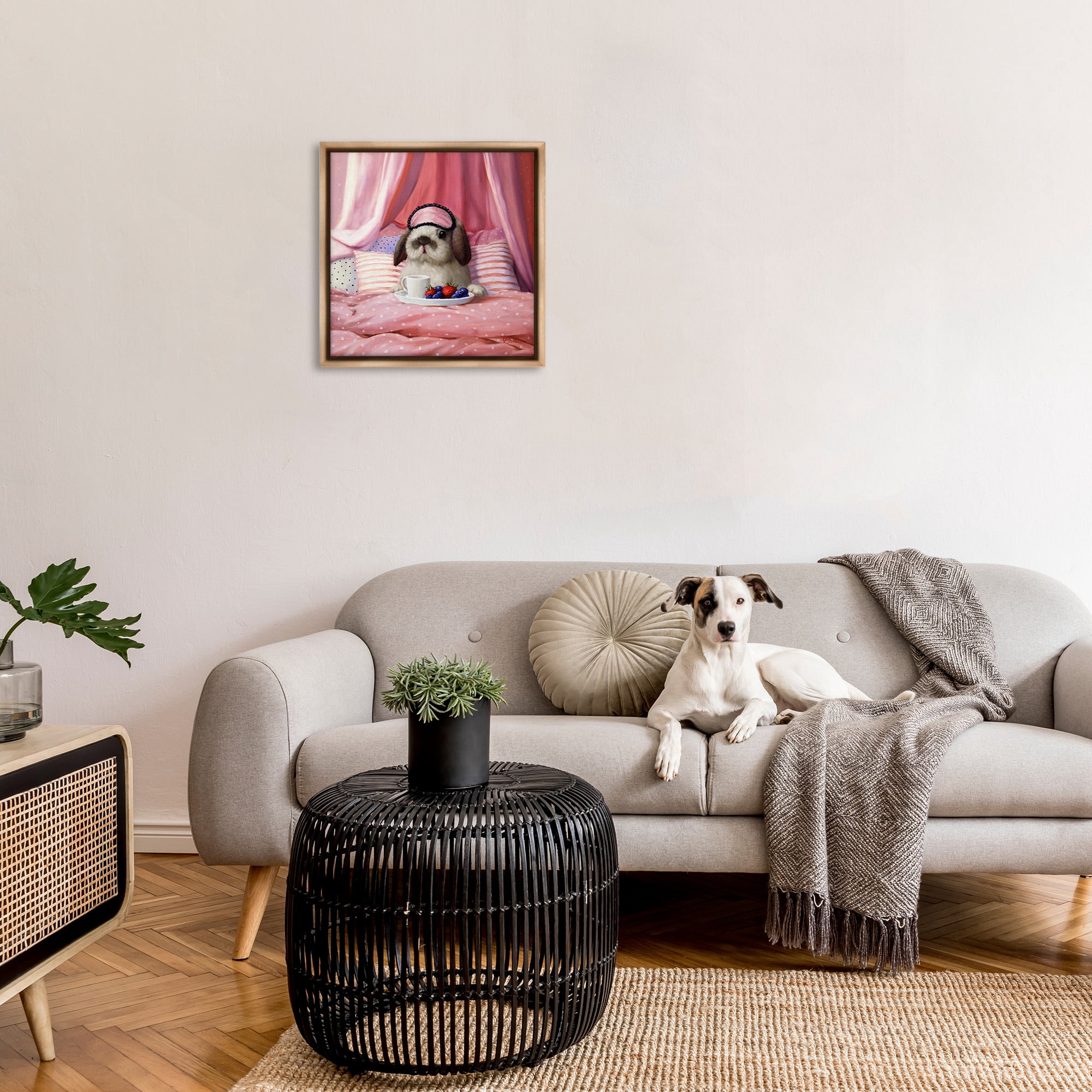 Stupell Industries Bunny with Breakfast In Bed Animals & Insects Painting Brown Floater Framed Canvas Art Print Wall Art, 25 x 25